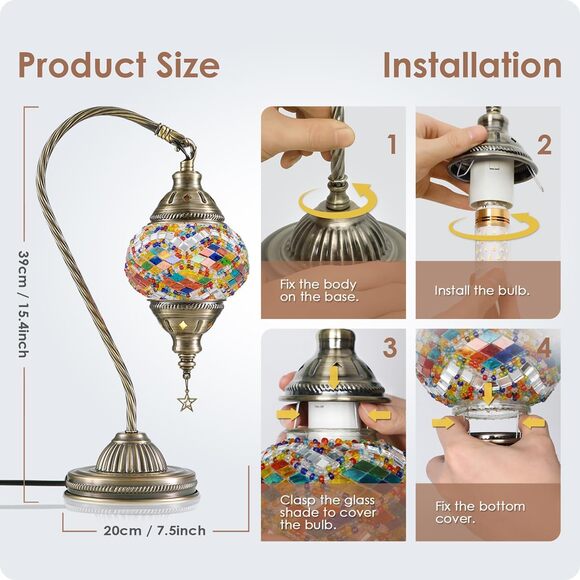 Turkish Moroccan Mosaic Lamp Swan Neck Tiffany Style Glass Bedside Light - Picture 6 of 7